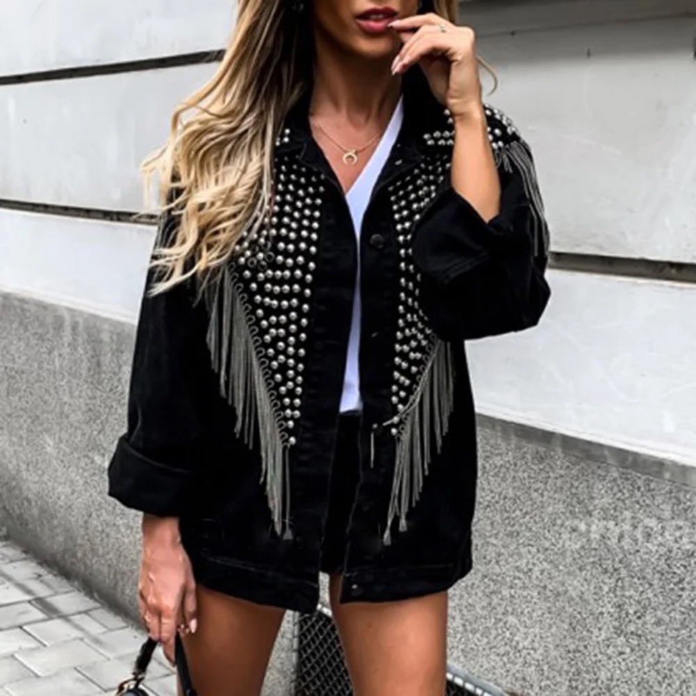 371. LAST 1! DENIM BLACK STUD FRINGE JACKET CLEARANCE - Picture 3 of 6